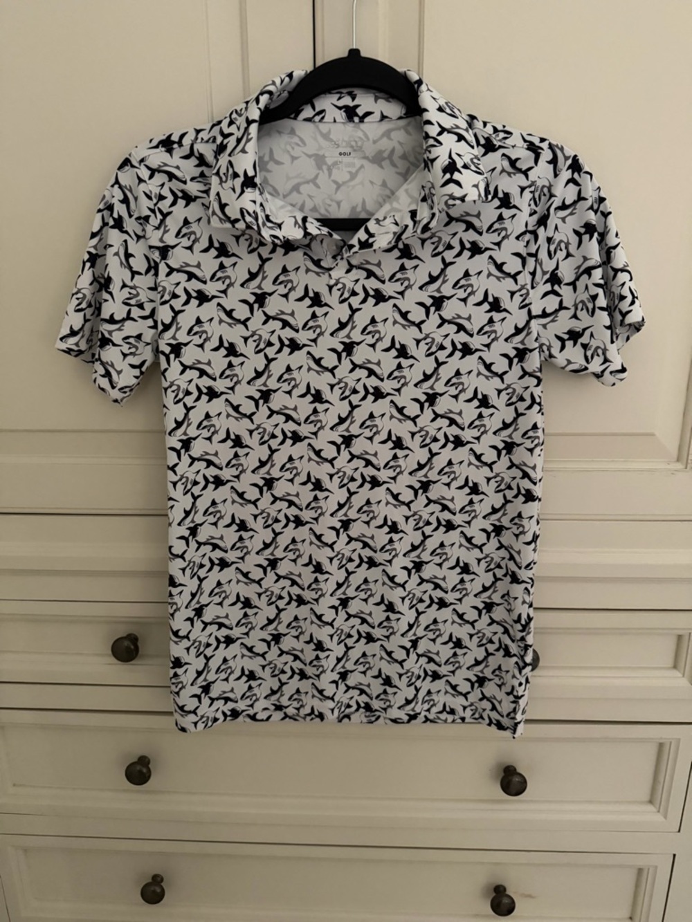 bcg White Polo with Navy Shark Print